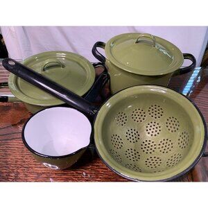 Vintage 6 Piece Poland Enamelware Green Colander & Cookware Kitchen Cooking Pans